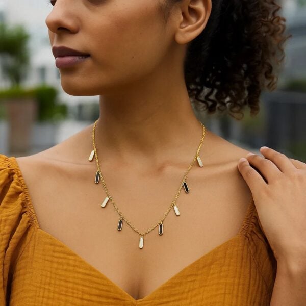 14K Yellow Gold Onyx And MOP Inlay Station Necklace - alternate view 4