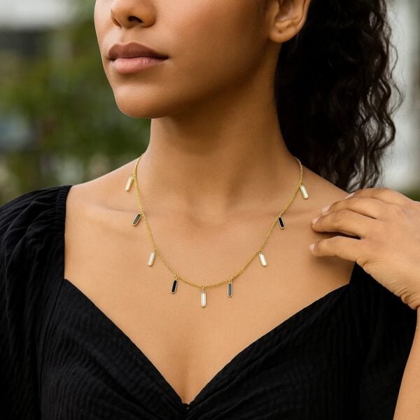 14K Yellow Gold Onyx And MOP Inlay Station Necklace - alternate view 5
