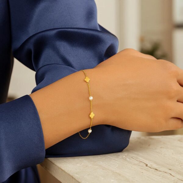 14k Yellow Gold Pearl Clover Bracelet - alternate view 3