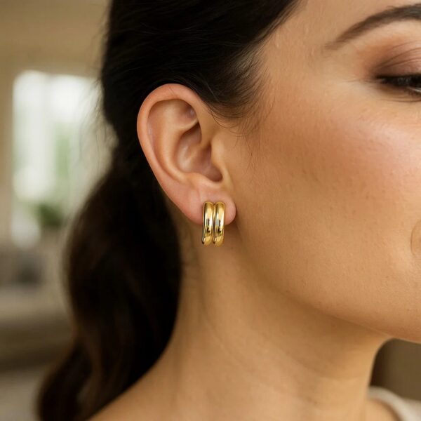 14K Yellow Gold Polished Double Row C Hoop Earrings - alternate view 3