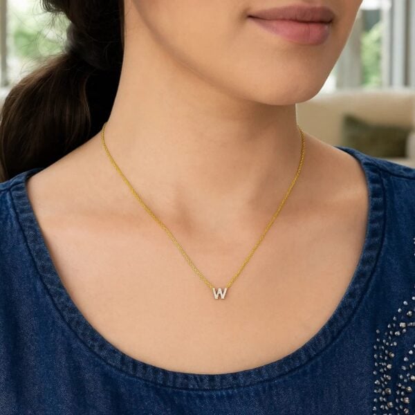 14K Yellow Gold Mini Diamond W Initial Pendant Necklace - alternate view 4