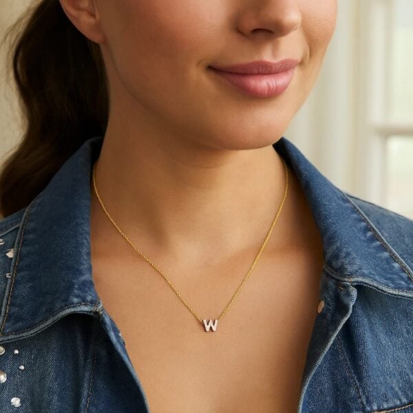 14K Yellow Gold Mini Diamond W Initial Pendant Necklace - alternate view 5