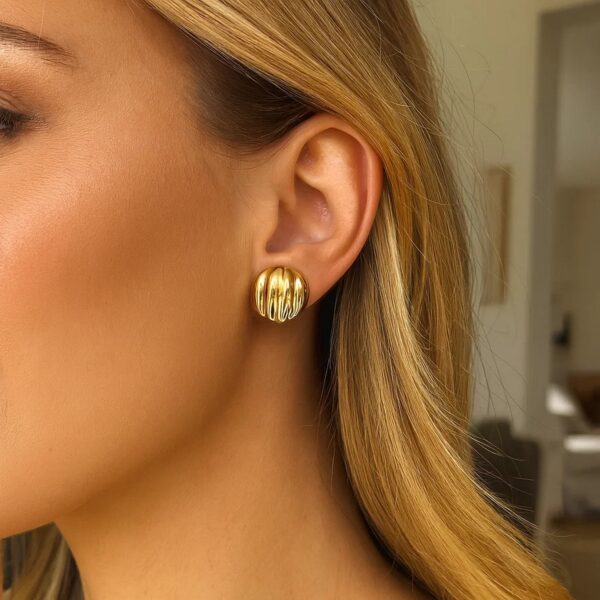 Sterling Silver Yellow Gold Plated Sculpted Domed Disc Stud Earrings - alternate view 3