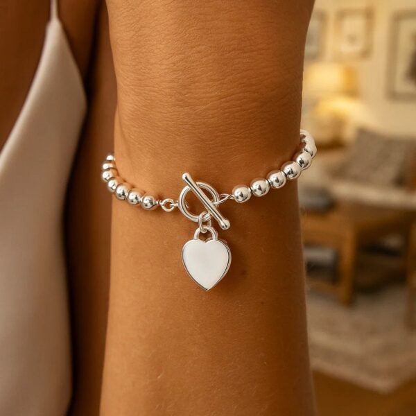 Sterling Silver Rhodium Plated Bead Toggle Heart Bracelet - alternate view 4