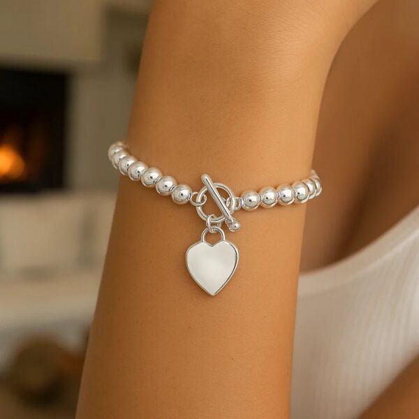 Sterling Silver Rhodium Plated Bead Toggle Heart Bracelet - alternate view 5