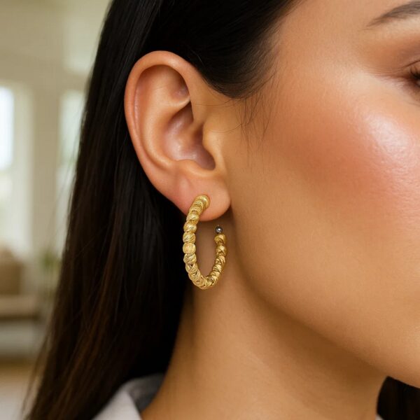14K Yellow Gold Bead Hoop Earrings - alternate view 2