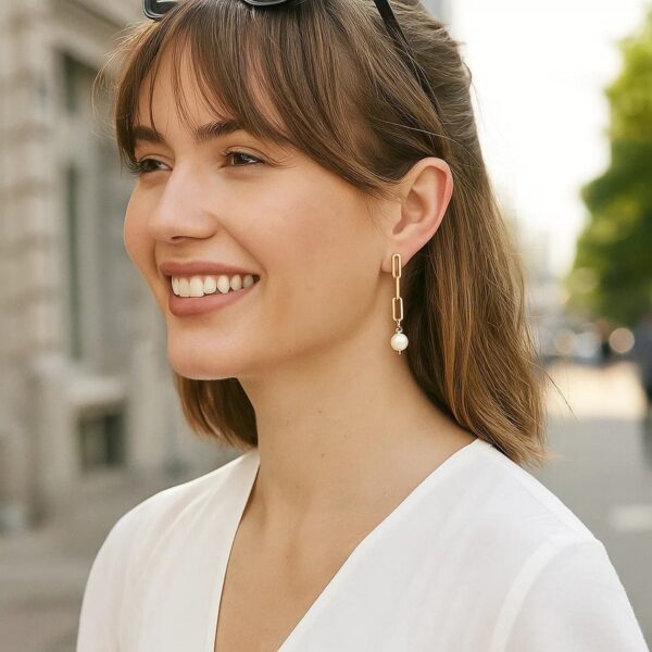 14k Yellow Gold Paperclip Chain Link Earrings with Pearls - alternate view 3