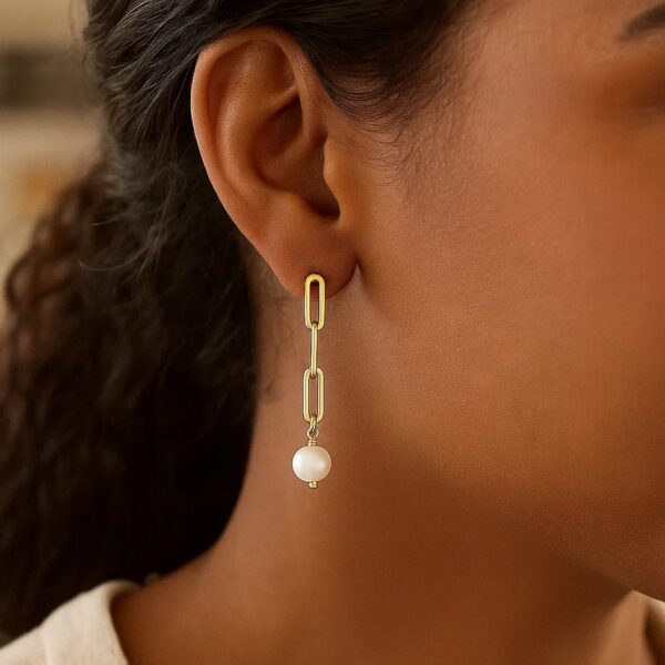 14k Yellow Gold Paperclip Chain Link Earrings with Pearls - alternate view 4