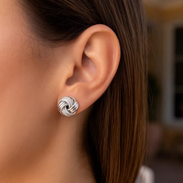 14k White Gold Love Knot with Ridge Texture Earrings - alternate view 5