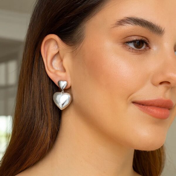 Sterling Silver Rhodium Plated Puffed Double Heart Drop Earrings - alternate view 2