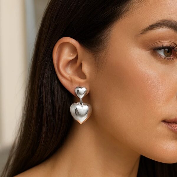 Sterling Silver Rhodium Plated Puffed Double Heart Drop Earrings - alternate view 3