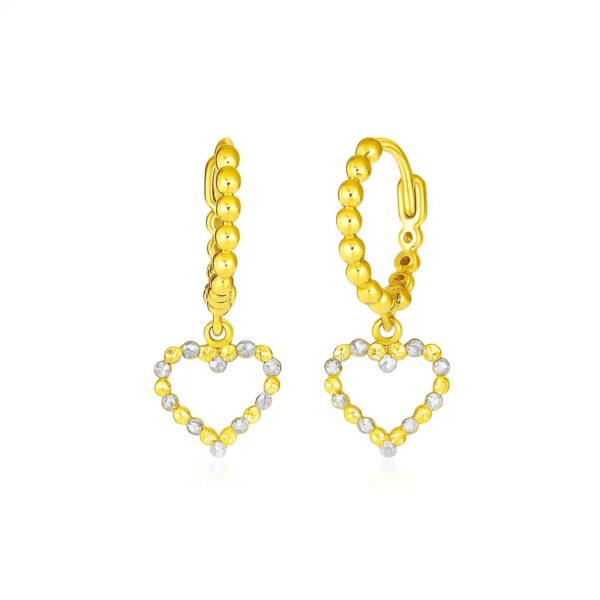 14k Two Tone Gold Beaded Hoop Earrings with Hearts - Two-Tone Gold