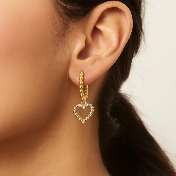14k Two Tone Gold Beaded Hoop Earrings with Hearts - Two-Tone Gold - alternate view 3