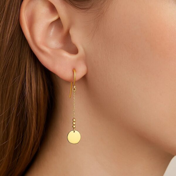14k Yellow Gold Bead and Shiny Disc Drop Earrings - alternate view 2