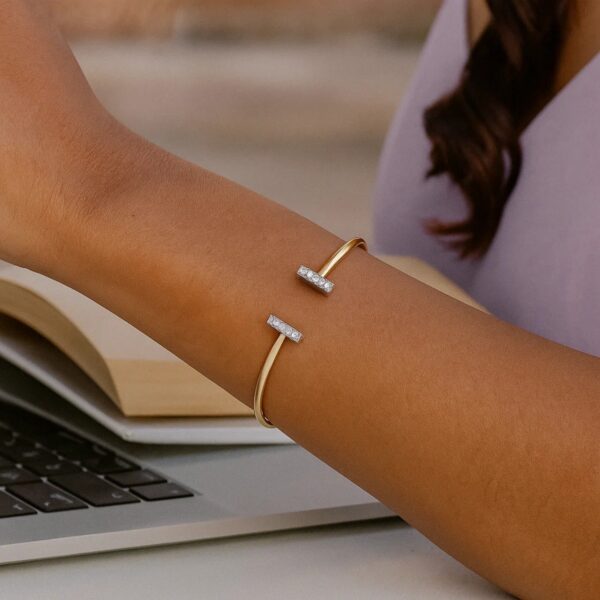 14k Two Tone Gold Diamond Tee Bar Bangle (2.00 mm) - Two-Tone Gold, J - alternate view 5