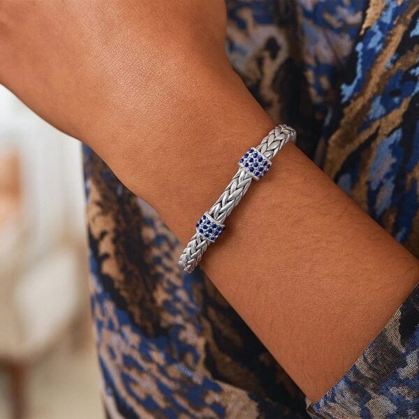 Sterling Silver Woven Bracelet with Blue Sapphire Stations (6.35 mm) - alternate view 3