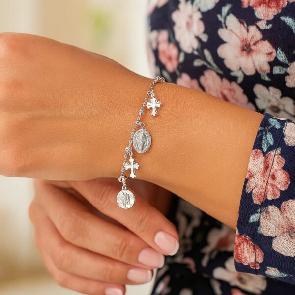 Sterling Silver 7 1/4 inch Bracelet with Crosses and Religious Medal Charms - alternate view 3