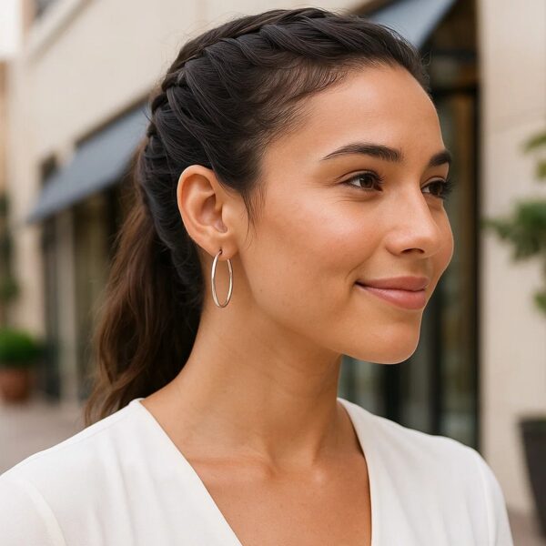 Sterling Silver Rhodium Plated Thin and Polished Hoop Style Earrings (2x35mm) - alternate view 3