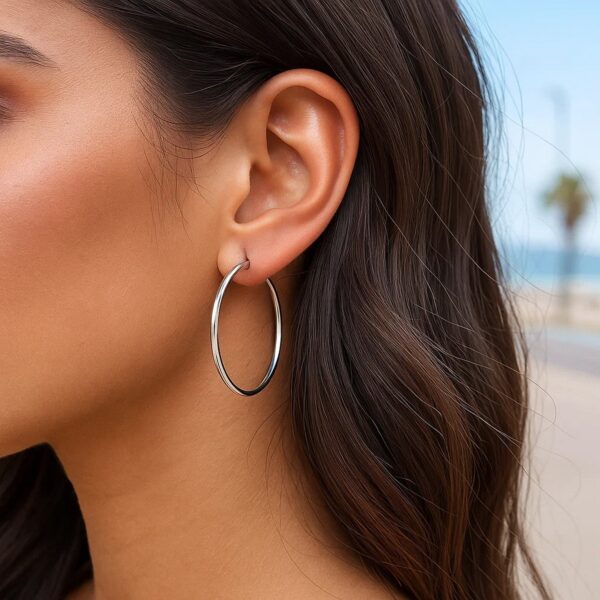 Sterling Silver Rhodium Plated Thin and Polished Hoop Style Earrings (2x35mm) - alternate view 5