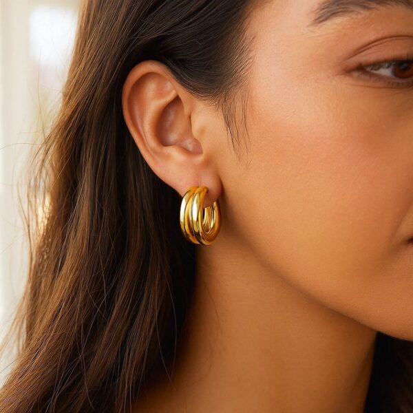 Sterling Silver Yellow Gold Plated Puffed Double Row Hoop Earrings - alternate view 2
