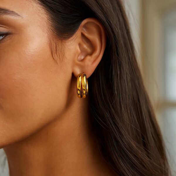 Sterling Silver Yellow Gold Plated Puffed Double Row Hoop Earrings - alternate view 3