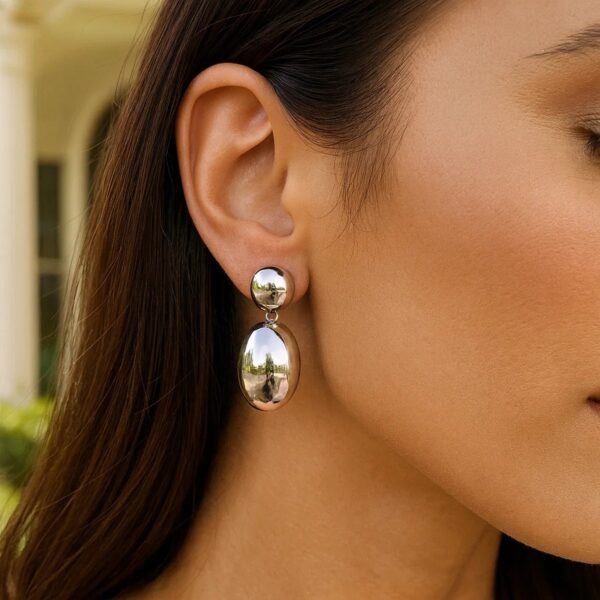 Sterling Silver Rhodium Plated Puffed Oval Double Button Drop Earrings - alternate view 4
