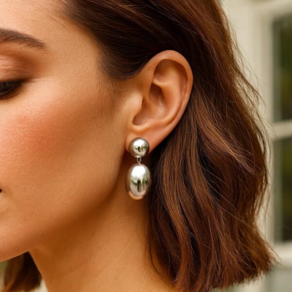 Sterling Silver Rhodium Plated Puffed Oval Double Button Drop Earrings - alternate view 5