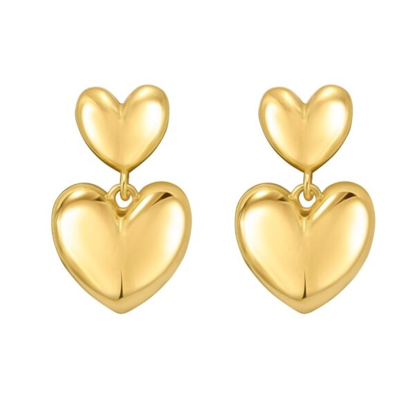Sterling Silver Yellow Gold Plated Puffed Double Heart Drop Earrings - alternate view 2