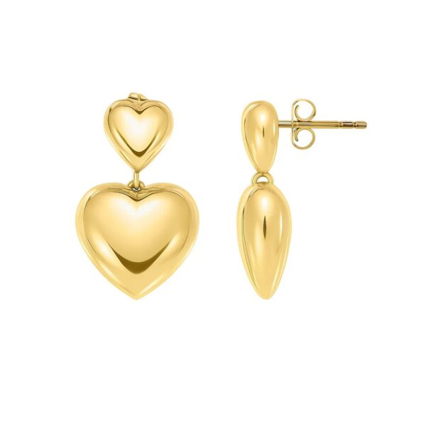 Sterling Silver Yellow Gold Plated Puffed Double Heart Drop Earrings - alternate view 3