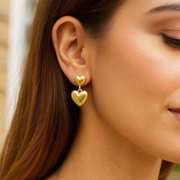 Sterling Silver Yellow Gold Plated Puffed Double Heart Drop Earrings - alternate view 4