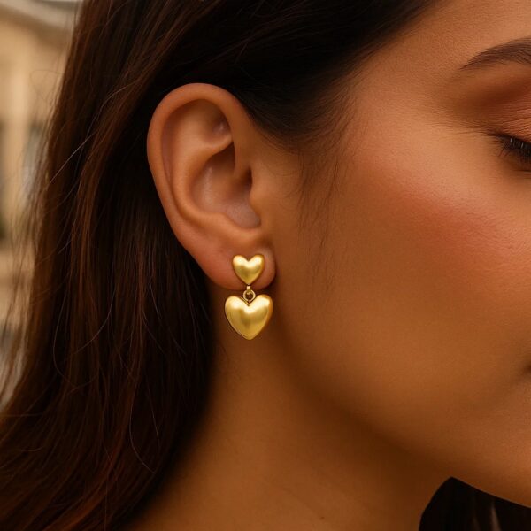 Sterling Silver Yellow Gold Plated Puffed Double Heart Drop Earrings - alternate view 5