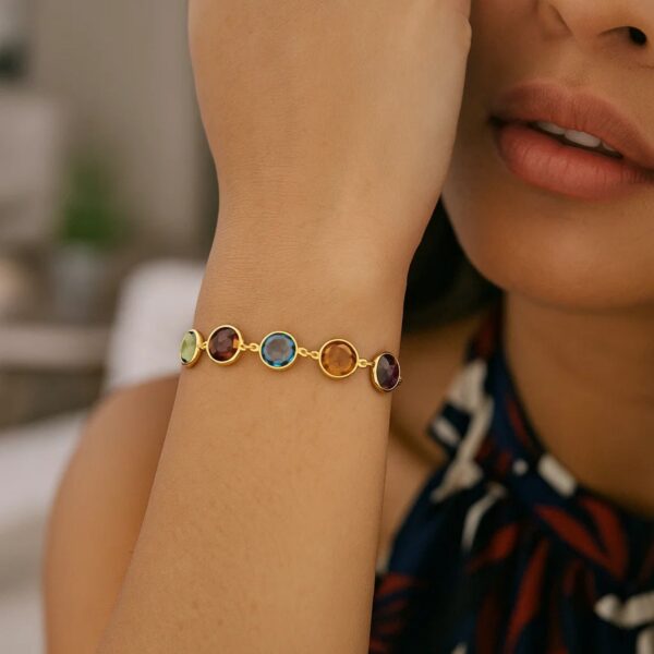 Adjustable Bracelet with Multicolored Round Gemstones in 14k Yellow Gold(1.00mm) - alternate view 2