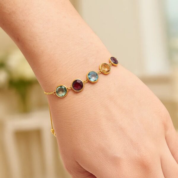 Adjustable Bracelet with Multicolored Round Gemstones in 14k Yellow Gold(1.00mm) - alternate view 3