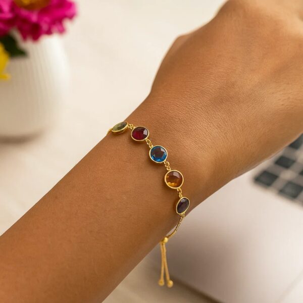 Adjustable Bracelet with Multicolored Round Gemstones in 14k Yellow Gold(1.00mm) - alternate view 4