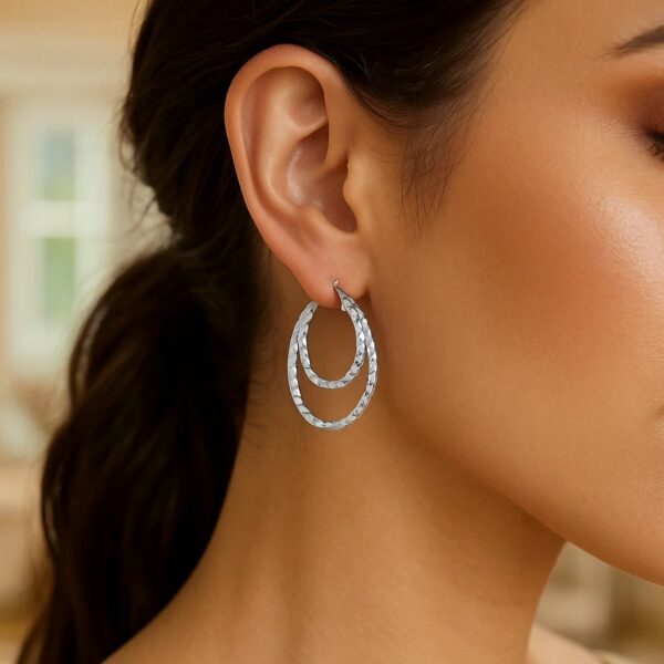 Sterling Silver Double Oval Textured Hoop Earrings - alternate view 2