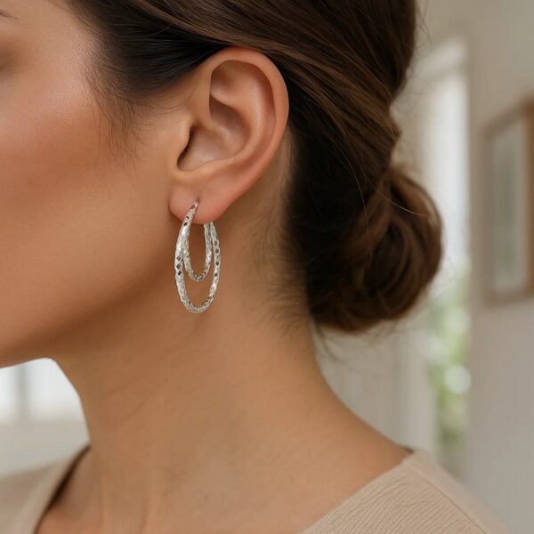 Sterling Silver Double Oval Textured Hoop Earrings - alternate view 3
