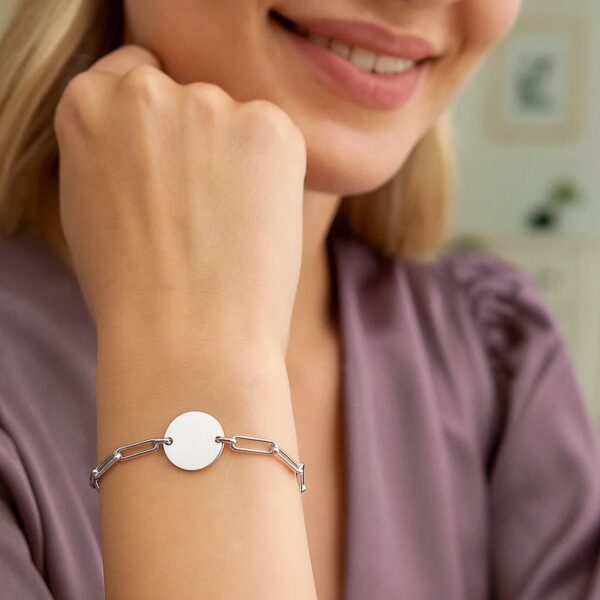 Sterling Silver Rhodium Plated Engravable Circle Paperclip Bracelet (2.10 mm) - alternate view 4