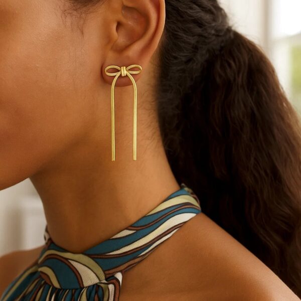 Sterling Silver Yellow Gold Plated Snake Chain Drop Dangle Bow Earrings - alternate view 2