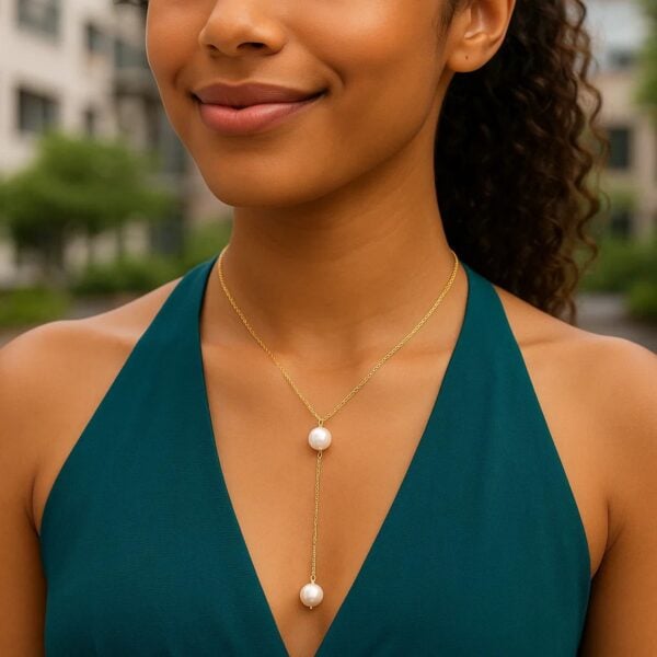 14k Yellow Gold Lariat Necklace with Pearls - alternate view 3