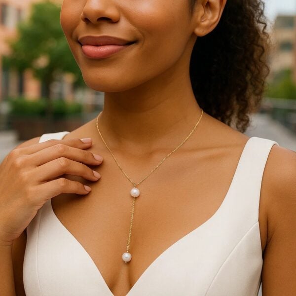 14k Yellow Gold Lariat Necklace with Pearls - alternate view 4