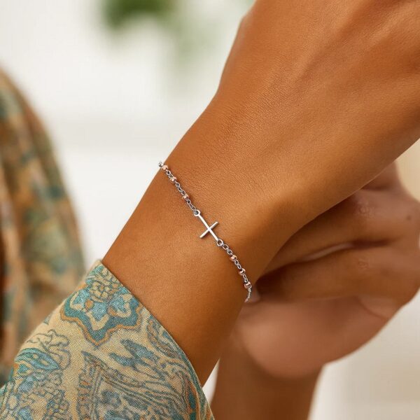 Sterling Silver White and Rose Finish Adjustable Bracelet with Cross (1.20 mm) - alternate view 2