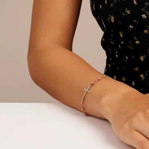 Sterling Silver White and Rose Finish Adjustable Bracelet with Cross (1.20 mm) - alternate view 3