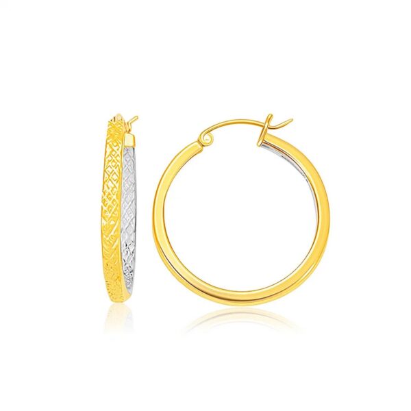 10K TwoTone Yellow and White Gold Petite Patterned Hoop Earrings(3x25mm) - Two-Tone Gold