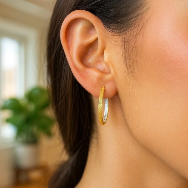 10K TwoTone Yellow and White Gold Petite Patterned Hoop Earrings(3x25mm) - Two-Tone Gold - alternate view 3