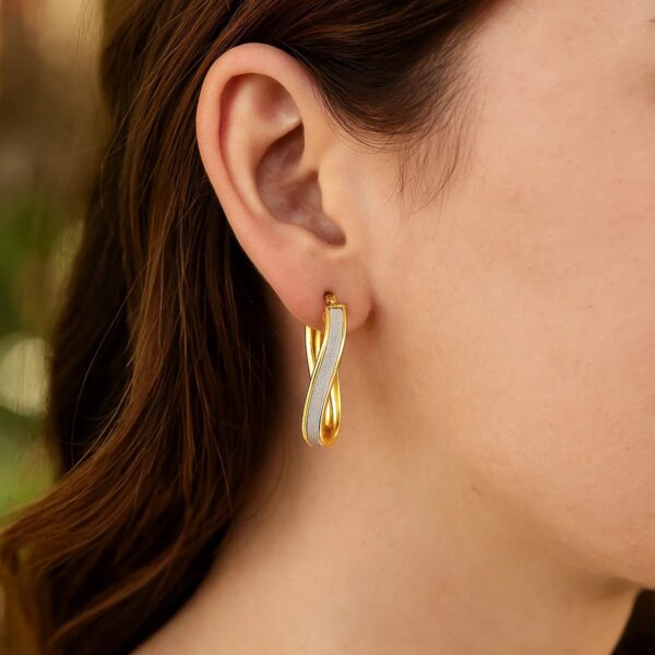 14k Two-Tone Gold Oval Hoop Twist Glittery Earrings - alternate view 2