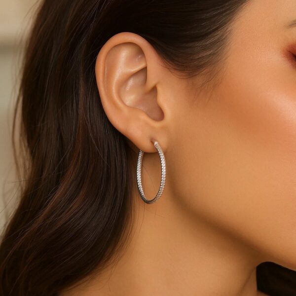 Sterling Silver Rhodium Plated Woven Style Polished Hoop Earrings(2x30mm) - alternate view 2