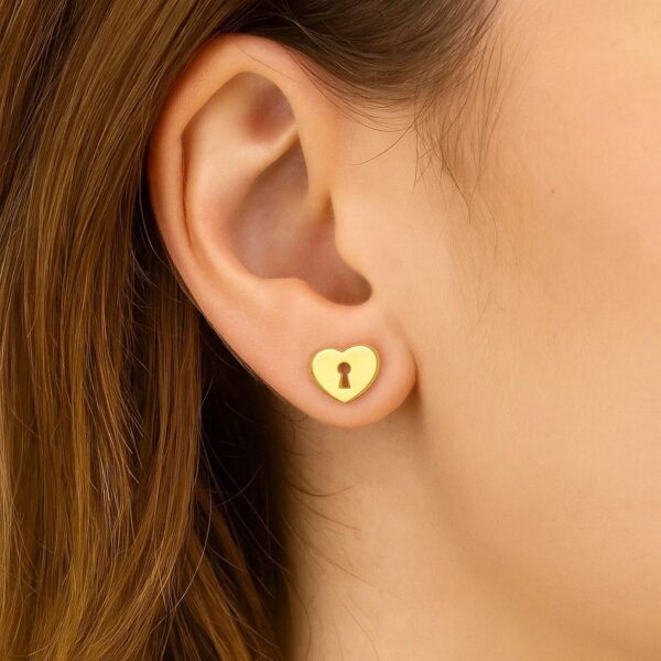 14k Yellow Gold Heart Padlock Stud Earrings - alternate view 2