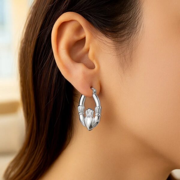 14K White Gold Claddagh Symbol Hoop Earrings - alternate view 2
