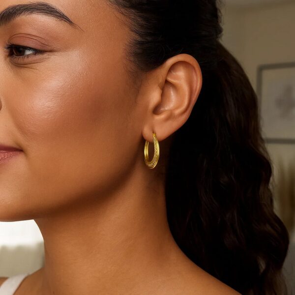 14K Yellow Gold Diamond Cut Etched Pattern Hoop Earrings - alternate view 2