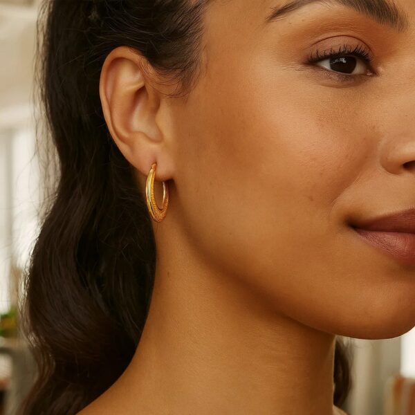 14K Yellow Gold Diamond Cut Etched Pattern Hoop Earrings - alternate view 3